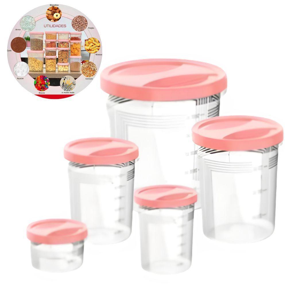 Porta Mantimento Conjunto De Potes Tampa Com Rosca 5 Peças - Rosa - 3