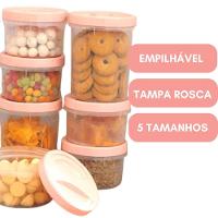 Porta Mantimento Conjunto De Potes Tampa Com Rosca 5 Peças - Rosa - 5