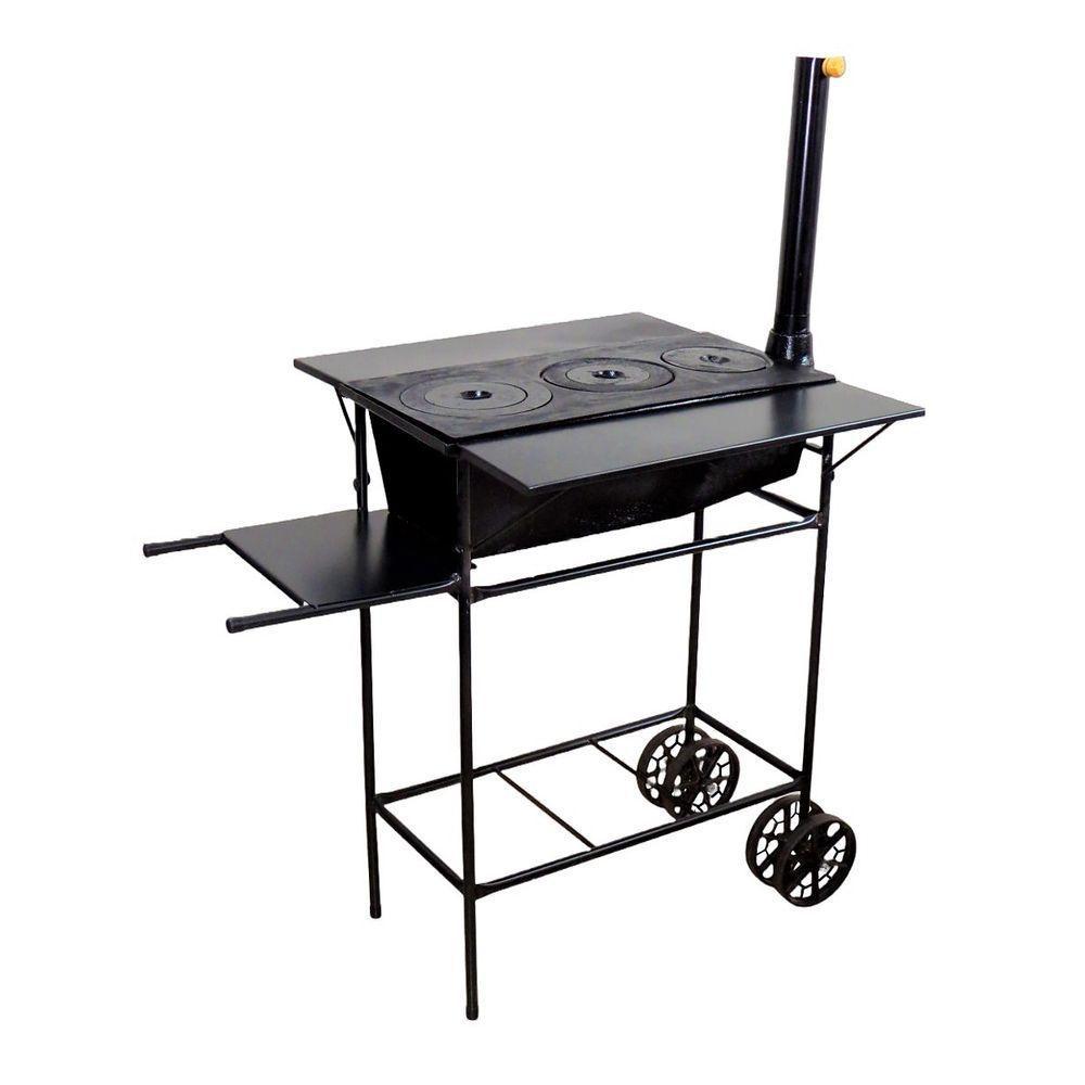 Fogão A Lenha Chapa 03 Furos Carrinho E Chaminé 90x80x65cm - 1