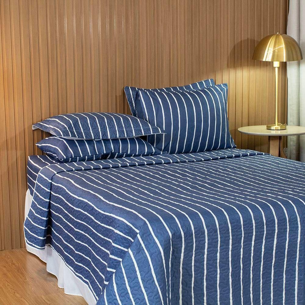Cobre Leito Solteiro Bouti Basic Estampado 180 Fios 2 Peças - Listra Azul Marinho - 4