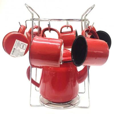 Jogo Com 6 Xícaras Esmaltadas 150Ml + Bule 1700Ml + Suporte