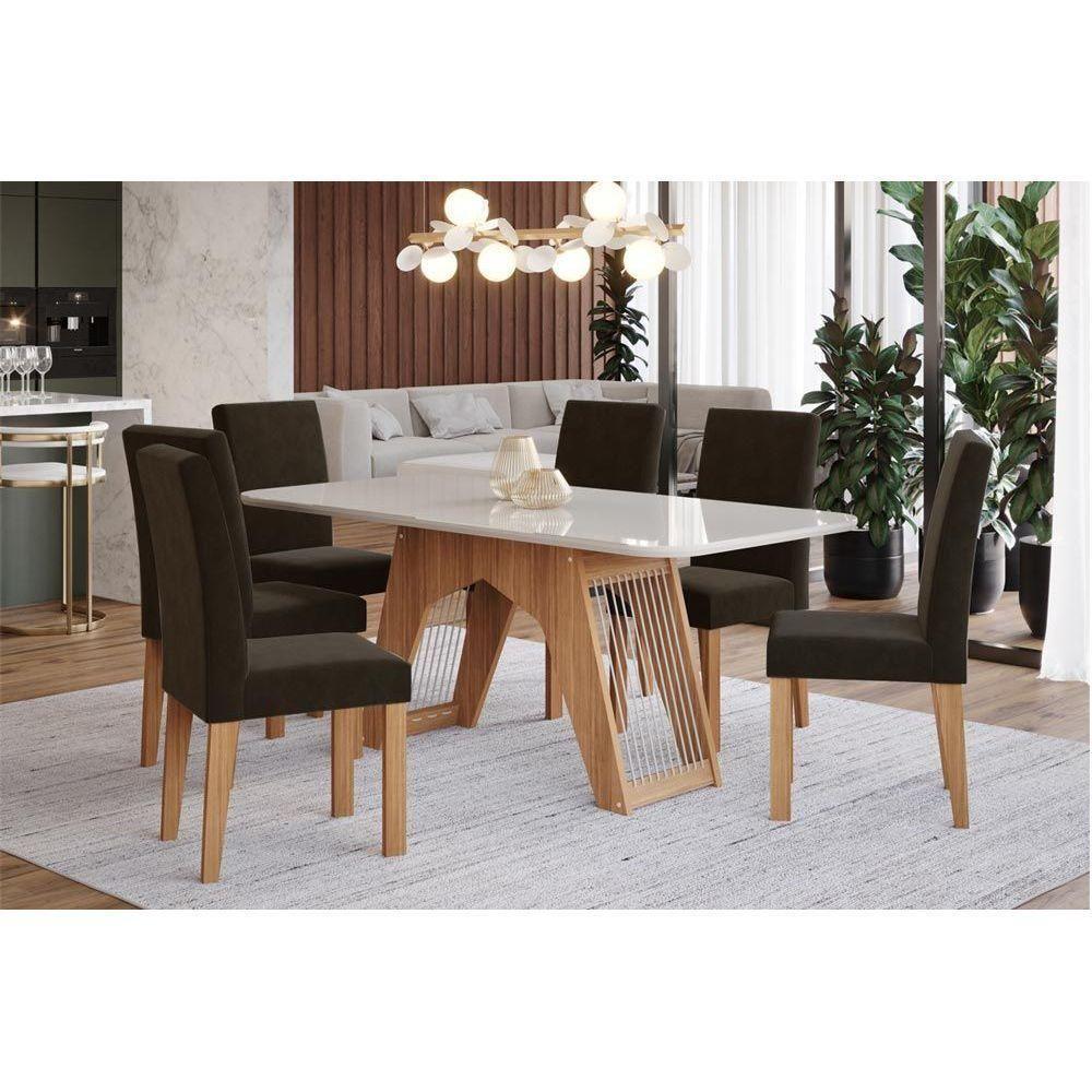 Conjunto: Mesa Sala Jantar Carol c/ Tampo Madeirado c/ Vidro 180cm + 6 Cadeiras Maia Nature/Off White/Mascavo - Cimol - 1