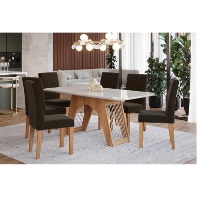 Conjunto: Mesa Sala Jantar Carol c/ Tampo Madeirado c/ Vidro 180cm + 6 Cadeiras Maia Nature/Off White/Mascavo - Cimol