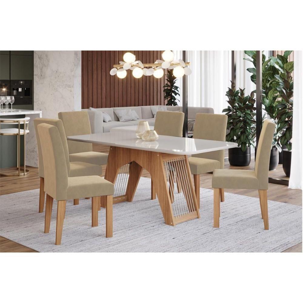 Conjunto: Mesa Sala Jantar Carol c/ Tampo Madeirado c/ Vidro 180cm + 6 Cadeiras Maia Nature/Off White/Gengibre - Cimol - 1