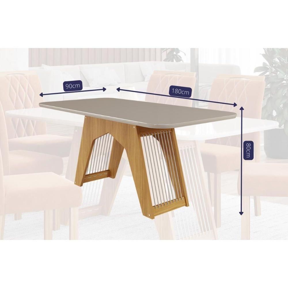 Conjunto: Mesa Sala Jantar Carol c/ Tampo Madeirado c/ Vidro 180cm + 6 Cadeiras Maia Nature/Off White/Gengibre - Cimol - 4