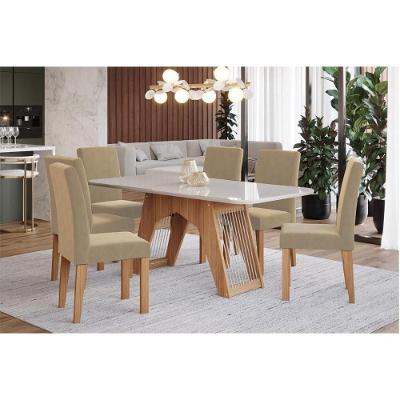 Sala de Jantar Completa Carol c/ Tampo Madeirado c/ Vidro 180cm + 6 Cadeiras Maia Nature/Off White/Gengibre - Cimol