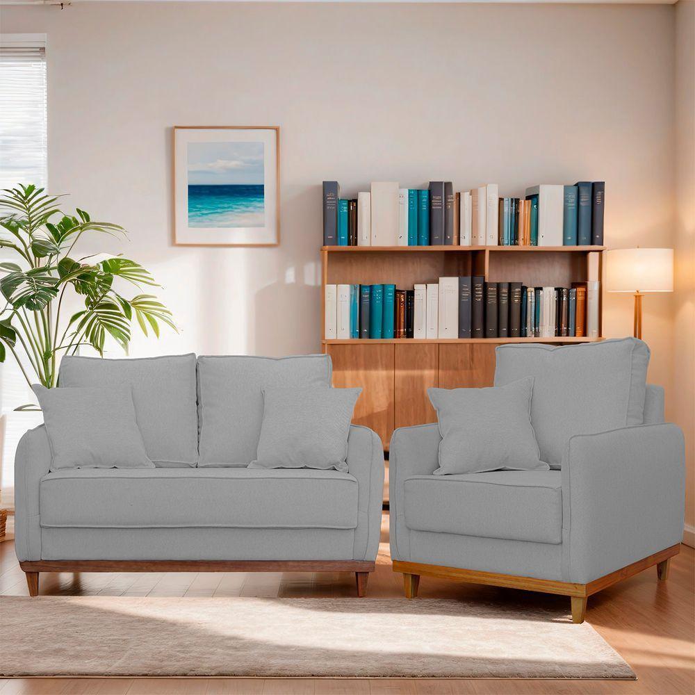 Kit Poltrona E Sofa Sena 2 Lugar Base De Madeira Para Sala Hotel Linho Cinza - 9