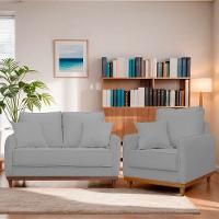 Kit Poltrona E Sofa Sena 2 Lugar Base De Madeira Para Sala Hotel Linho Cinza - 9