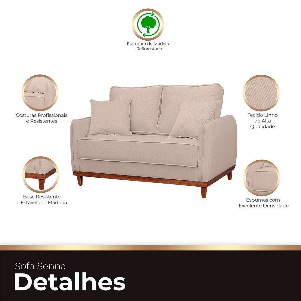 Sofa Sena 3 Lugares Base De Madeira Para Sala Hotel Linho Palha - 3