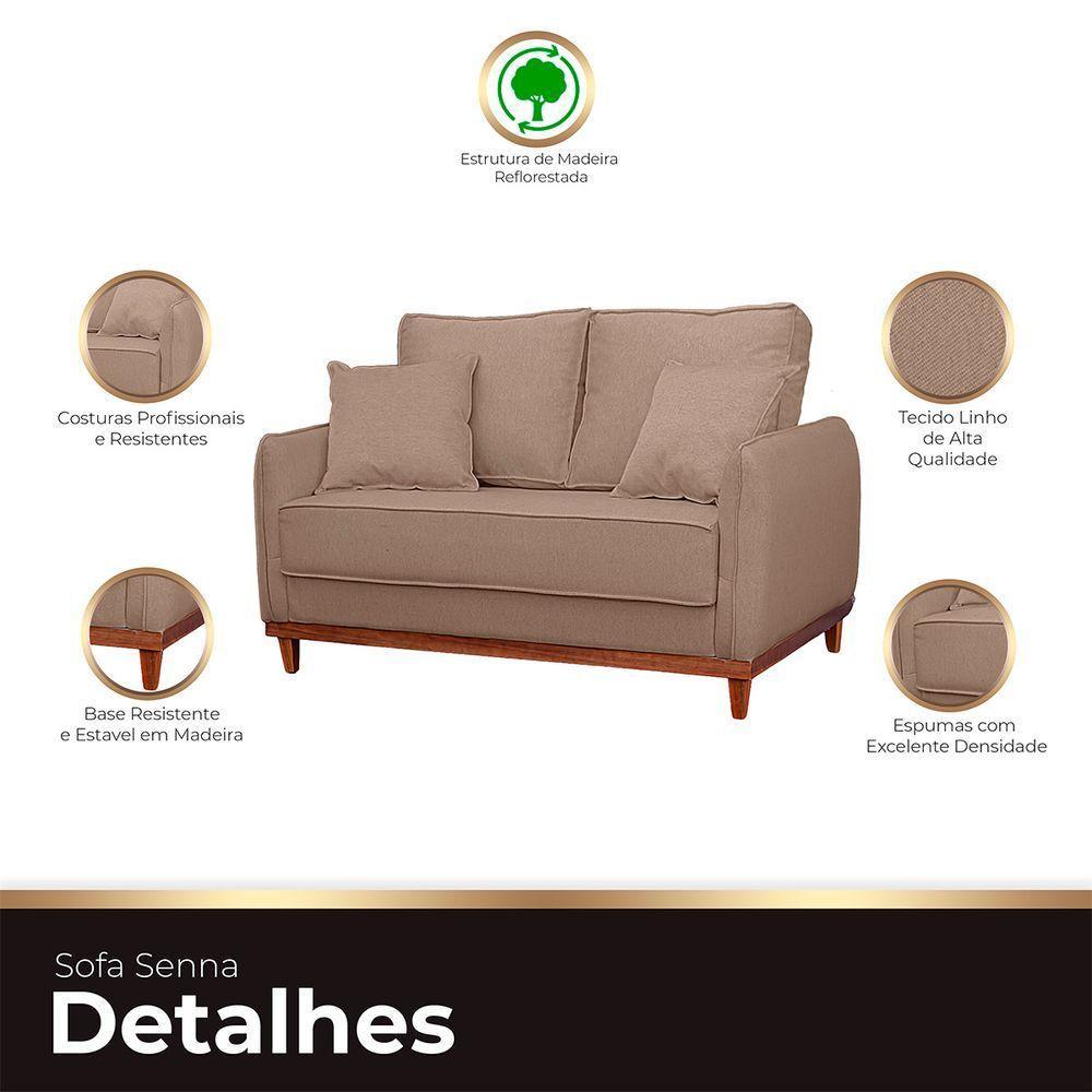 Sofa Sena 2 Lugares Base De Madeira Para Sala Hotel Linho Marrom - 3