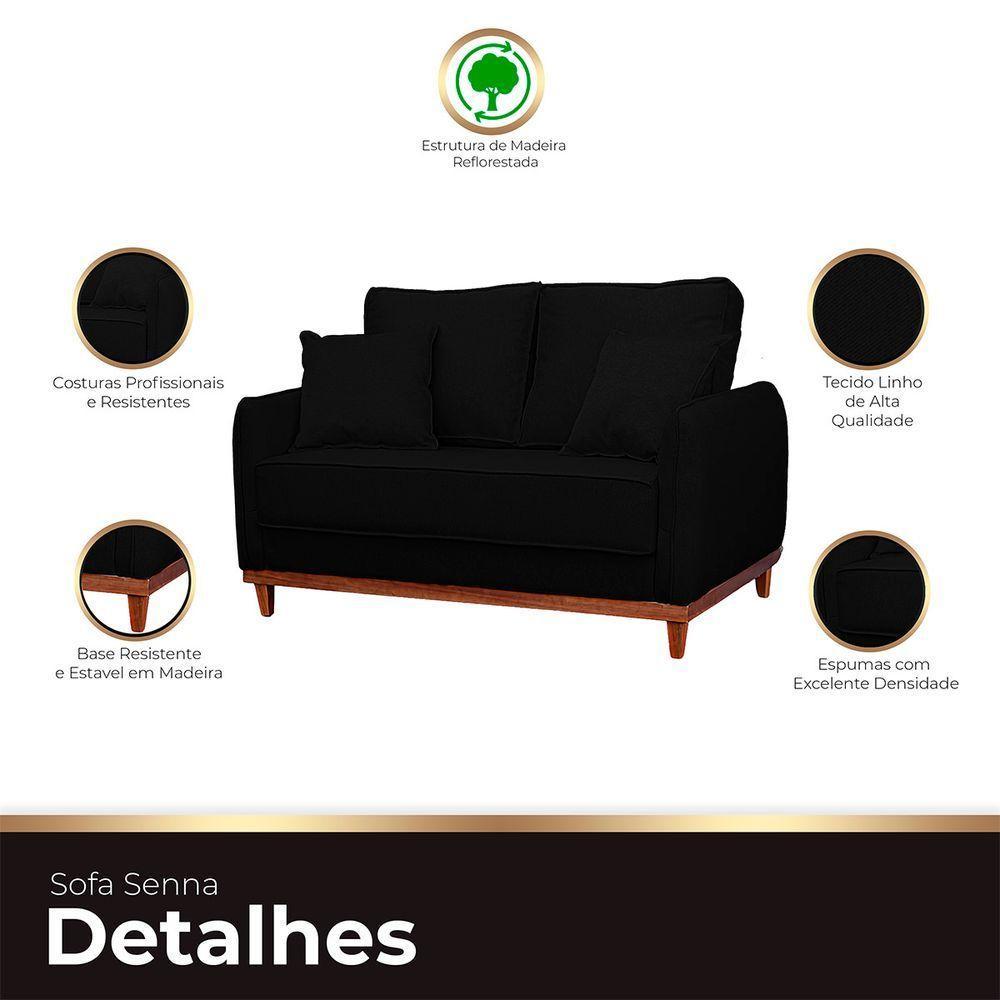 Sofa Sena 2 Lugares Base De Madeira Para Sala Hotel Linho Preto - 3