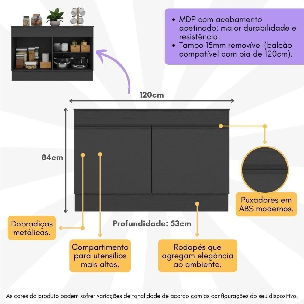 Balcão Cozinha Gabinete Pia 120cm 2 Portas Com Rodapé Veneza Multimóveis Mp2239 Preto Preto - 4