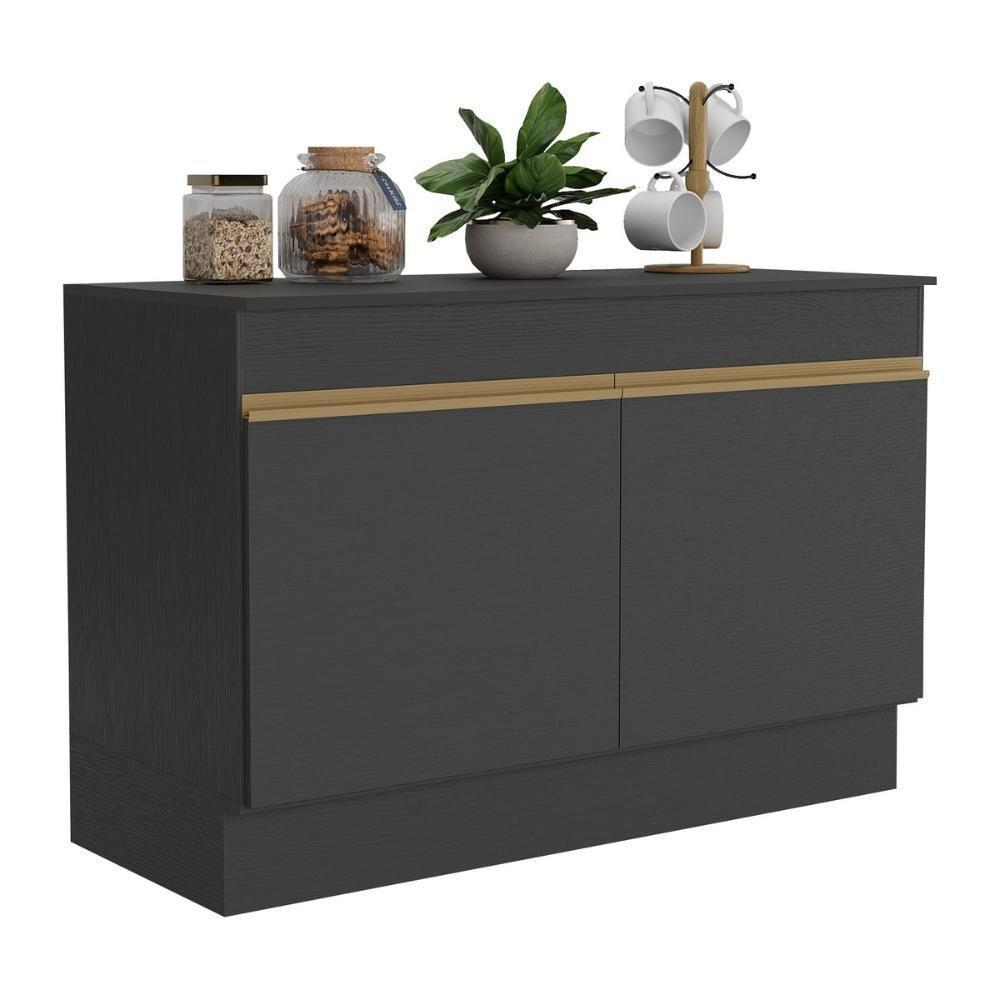 Balcão Cozinha Gabinete Pia 120cm 2 Portas Com Rodapé Veneza Multimóveis Mp2239 Preto/dourado Preto/dourado - 1