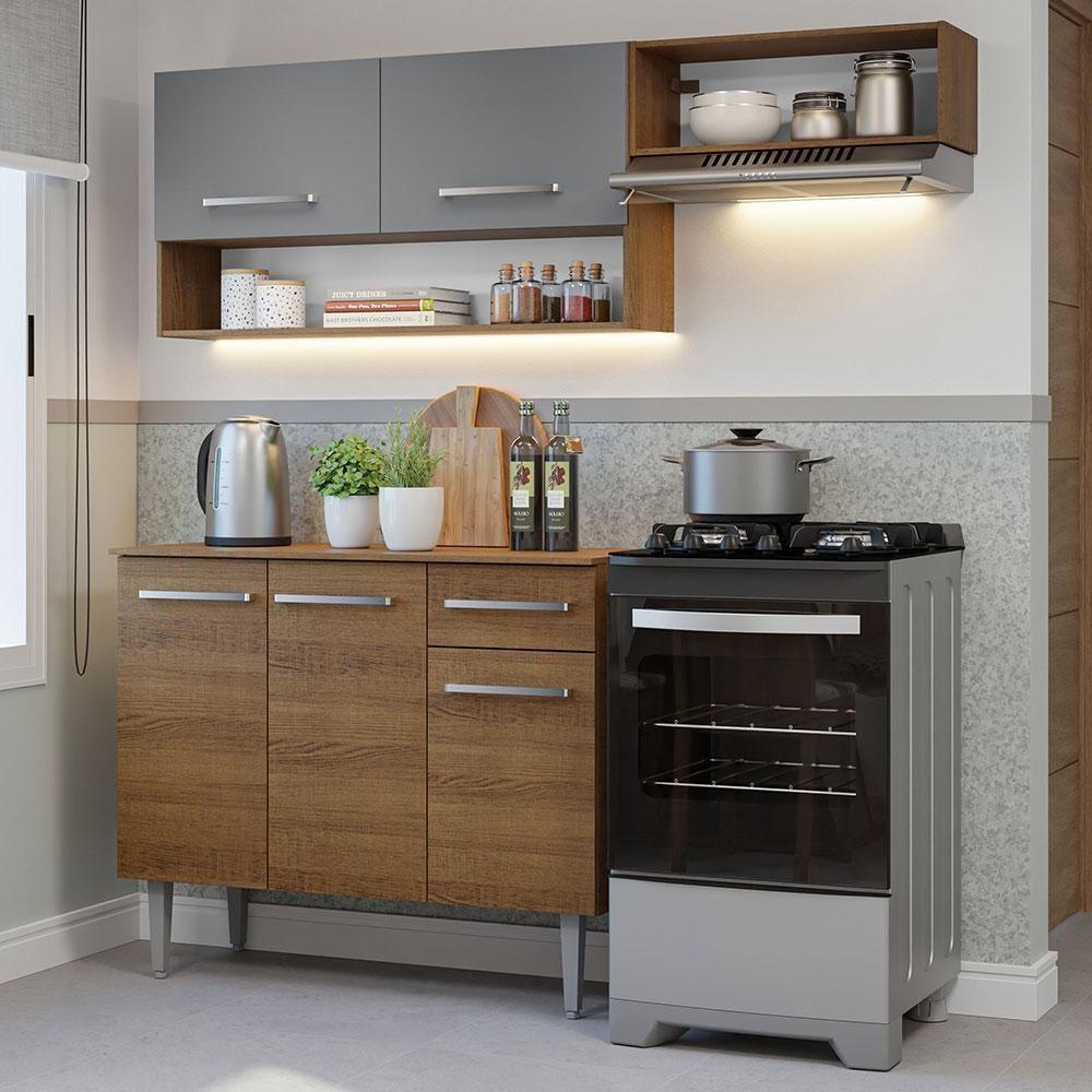 Armário Cozinha Compacta 165cm Rustic-Cinza Emilly 07 - 1