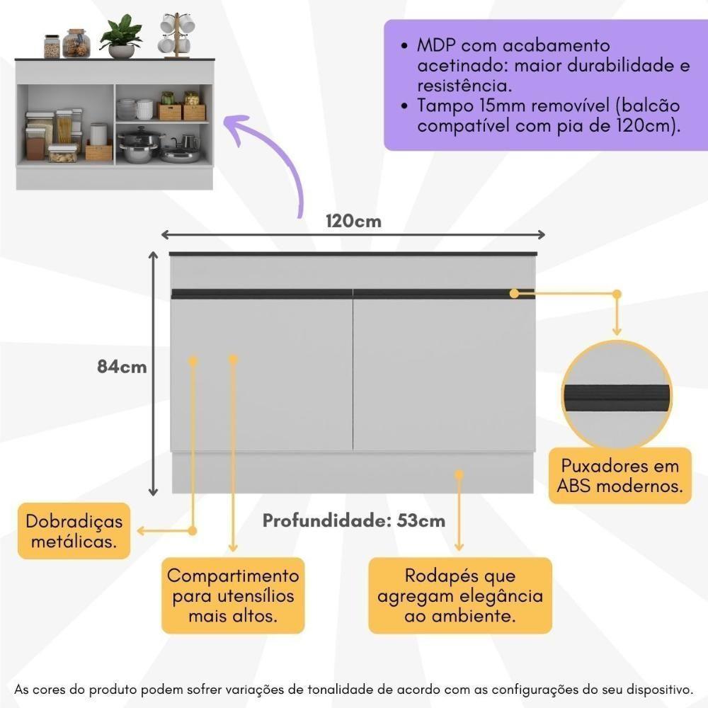 Balcão Cozinha Gabinete Pia 120cm 2 Portas Com Rodapé Veneza Multimóveis Mp2239 Branco/preto Branco/preto - 2