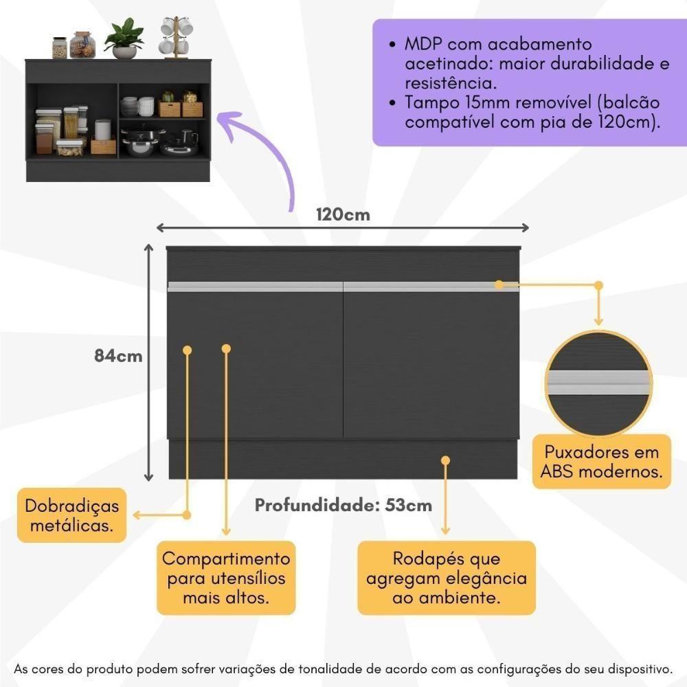 Balcão Cozinha Gabinete Pia 120cm 2 Portas Com Rodapé Veneza Multimóveis Mp2239 Preto/branco Preto/branco - 5
