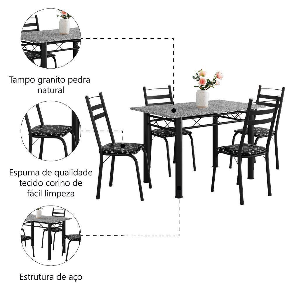 Conjunto De Mesa Itália Com 4 Cadeiras 1,20m Preto - Floral Granito Artefamol Preto Fosc - 4