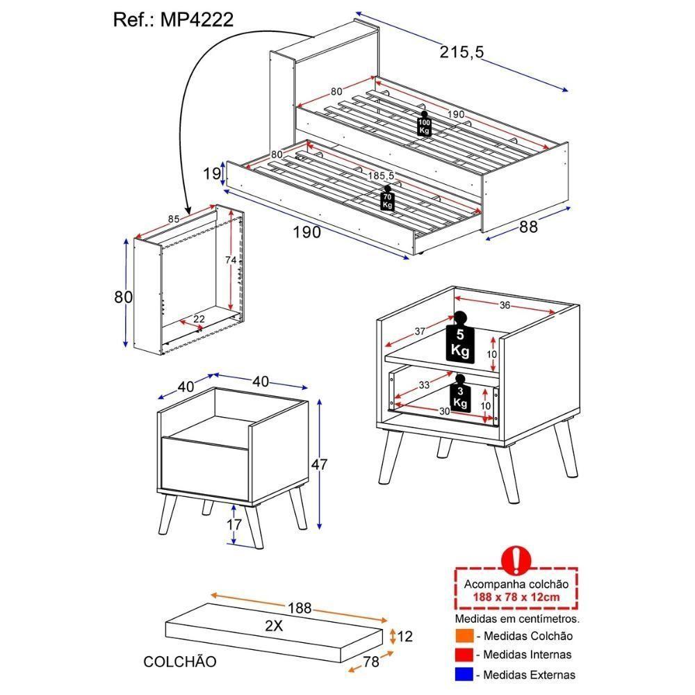 Conjunto Quarto Bicama Com Colchão E Baú/mesa De Cabeceira Retrô Multimóveis Mp4222 Branco/preto Branco/preto - 4