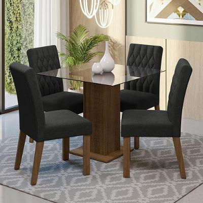 Conjunto de Jantar Noemi 4 Lugares Tampo de Vidro com Cadeiras Estofadas Suede Marrom