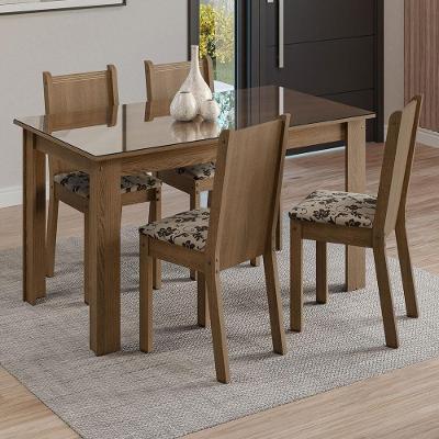 Conjunto de Jantar Kiara 4 Lugares Tampo de Vidro com Cadeiras Floral Bege Marrom Rustic