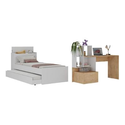 Conjunto Quarto Bicama Solteiro Mp4224 com Colchão e Baú Escrivaninha MDP Branco Rustic