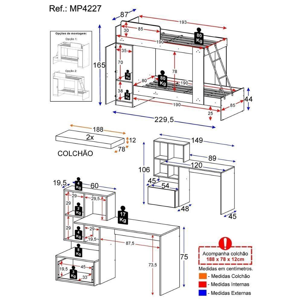 Conjunto Quarto Beliche Com Colchão/escrivaninha Multimóveis Mp4227 Branco/rustic Branco/rustic - 5