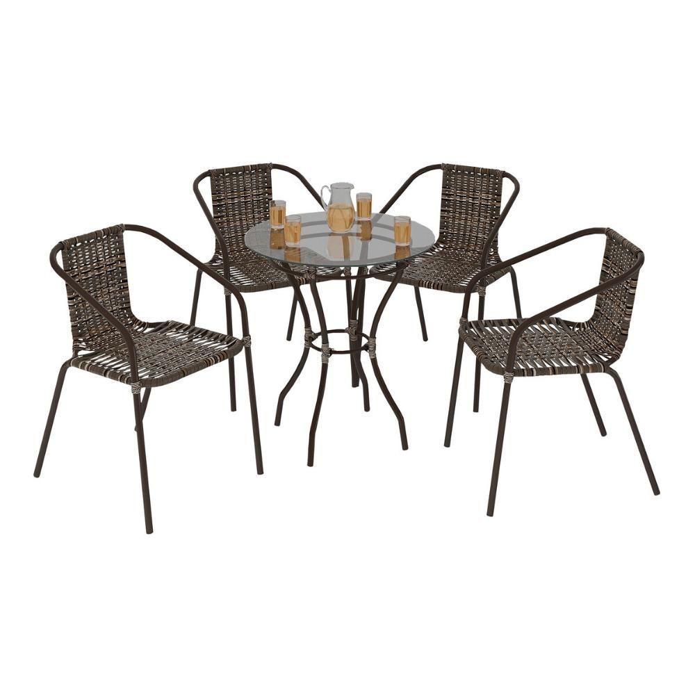 Conjunto Para Jardim Com Mesa Vidro 60cm E 4 Cadeiras Junco Sintético Multimóveis Cr8008 Café Mesclado - 1