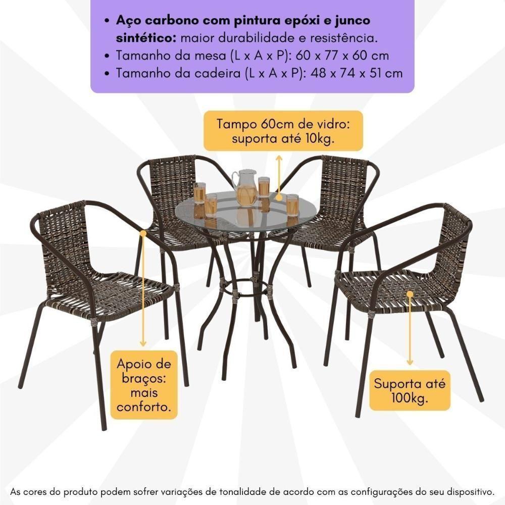 Conjunto Para Jardim Com Mesa Vidro 60cm E 4 Cadeiras Junco Sintético Multimóveis Cr8008 Café Mesclado - 4