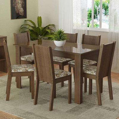 Conjunto Sala de Jantar Isla 6 Lugares Tampo de Vidro com Cadeiras Floral Lírio Bege