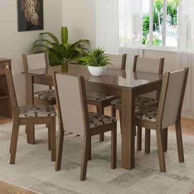 Conjunto de Jantar Heloísa 6 Lugares Tampo de Vidro com Cadeiras Floral Bege Marrom Rustic Crema