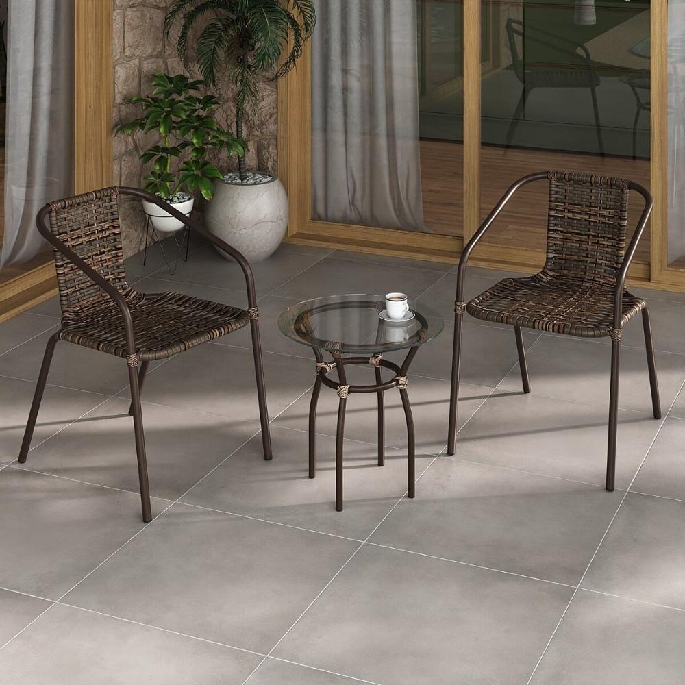 Conjunto Para Jardim Com Mesa De Centro Vidro 50cm E 2 Cadeiras Junco Multimóveis Cr8007 Café Mesclado - 5