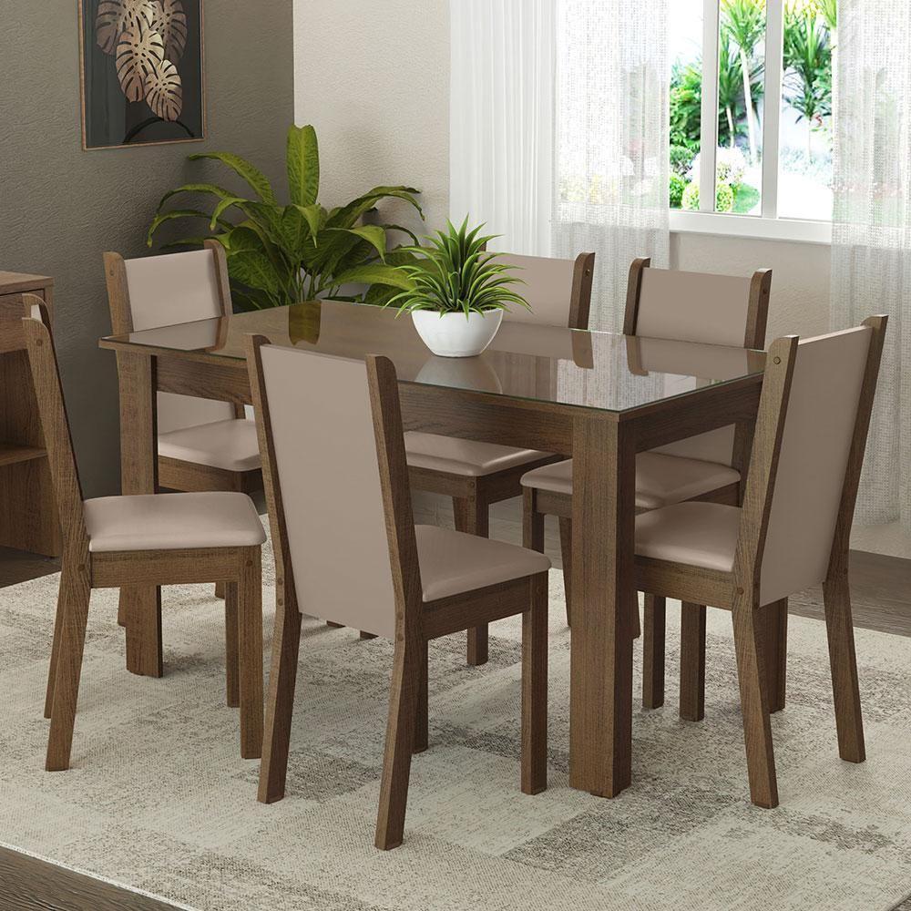 Conjunto Sala De Jantar Mesa Tampo De Vidro 6 Cadeiras Heloísa Madesa Rustic/crema/bege - 1