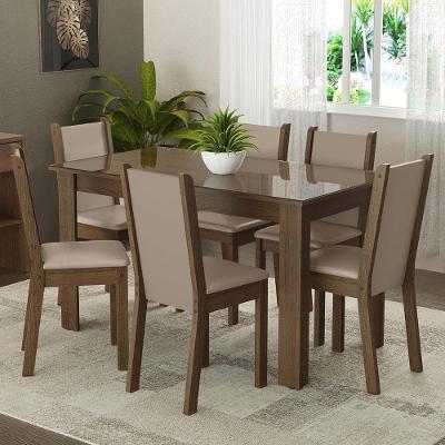 Conjunto Sala de Jantar Heloísa 6 Lugares Mesa de Vidro com Cadeiras Rustic Crema Bege