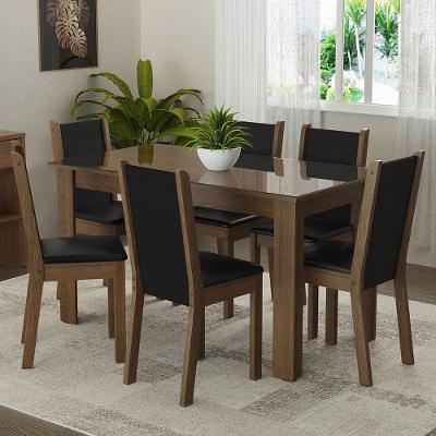 Conjunto de Jantar Heloísa 6 Lugares Mesa com Vidro e Cadeiras Estofadas Rustic Preto