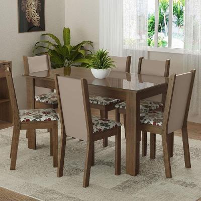 Conjunto de Jantar Heloísa 6 Lugares Tampo de Vidro com Cadeiras Floral Hibiscos Rustic Crema
