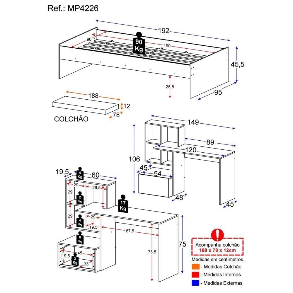 Conjunto Quarto Cama Solteiro Com Colchão/escrivaninha Multimóveis Mp4226 Branco/rustic Branco/rustic - 3