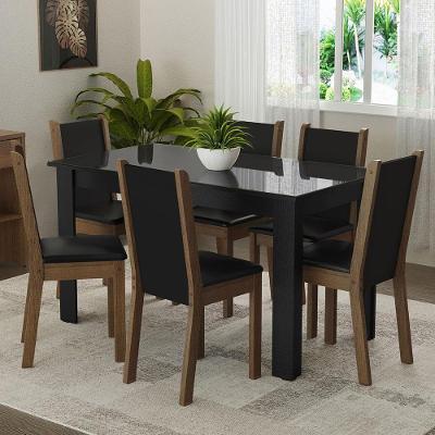 Conjunto de Jantar Heloísa 6 Lugares Tampo de Vidro com Cadeiras Estofadas Preto Rustic