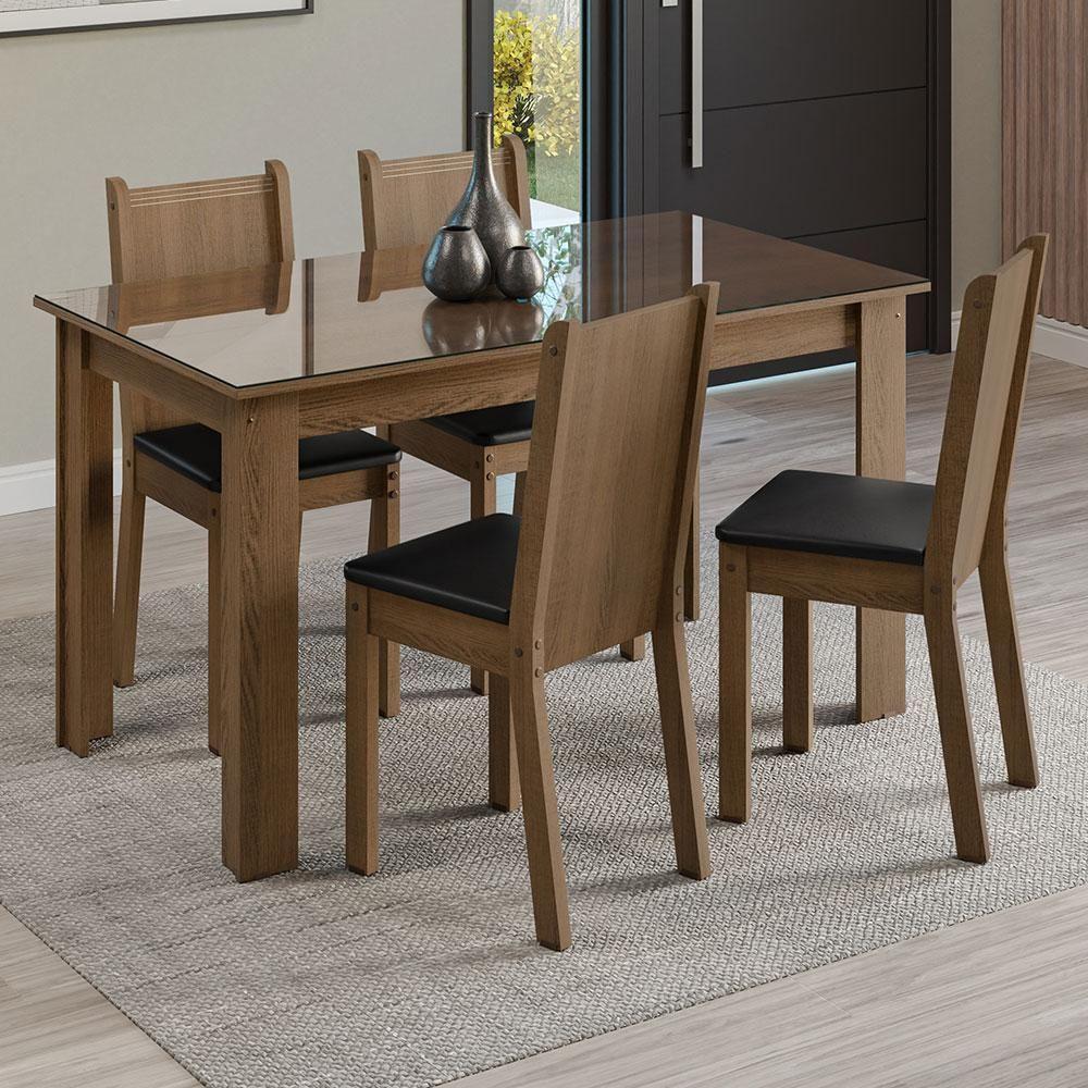 Conjunto Sala De Jantar Mesa Tampo De Vidro 4 Cadeiras Rustic/sintético Preto Kiara Madesa Rustic/preto - 1