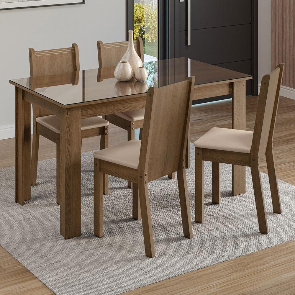 Conjunto Jantar Mesa Vidro 4 Cadeiras Rústico/Sintético Bege - 1