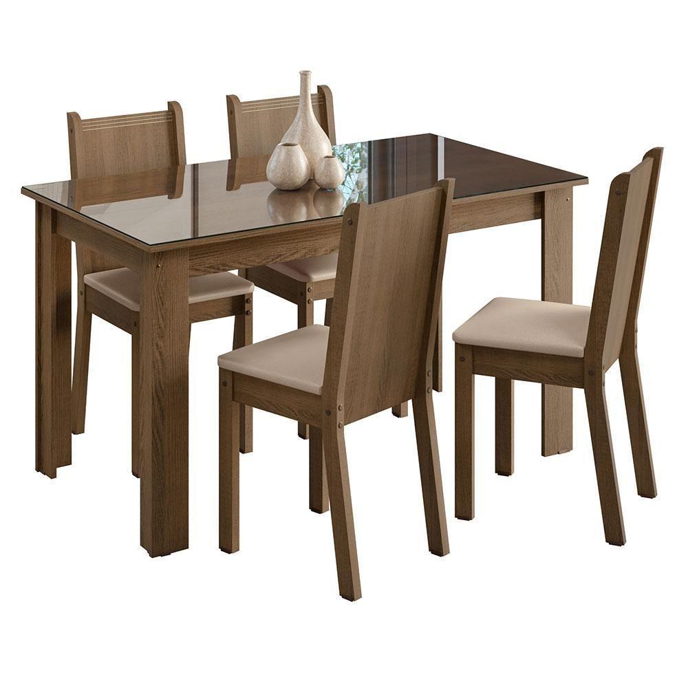 Conjunto Jantar Mesa Vidro 4 Cadeiras Rústico/Sintético Bege - 9