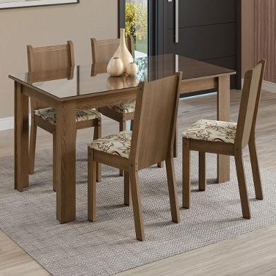 Conjunto de Jantar Kiara 4 Lugares Tampo de Vidro com Cadeiras Estofadas Floral Lírio Bege Marrom