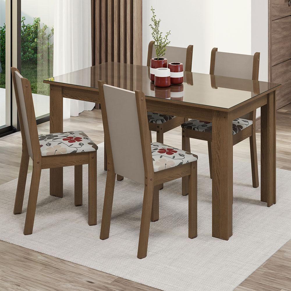 Conjunto Sala De Jantar Mesa Tampo De Vidro 4 Cadeiras Rustic/crema/hibiscos Suzy Madesa - 1