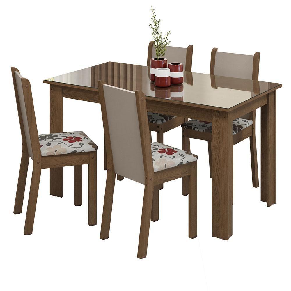 Conjunto Sala De Jantar Mesa Tampo De Vidro 4 Cadeiras Rustic/crema/hibiscos Suzy Madesa - 9