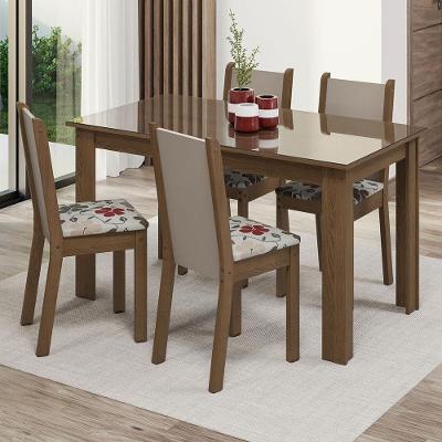Conjunto de Jantar Suzy 4 Lugares Tampo de Vidro com Cadeiras Floral Hibiscos Rustic Crema Marrom