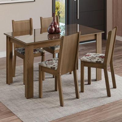 Conjunto Jantar Mesa Vidro 4 Cadeiras Rústico/Hibiscos