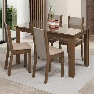Conjunto Sala de Jantar Suzy 4 Lugares Tampo de Vidro com Cadeiras Rustic Crema Bege