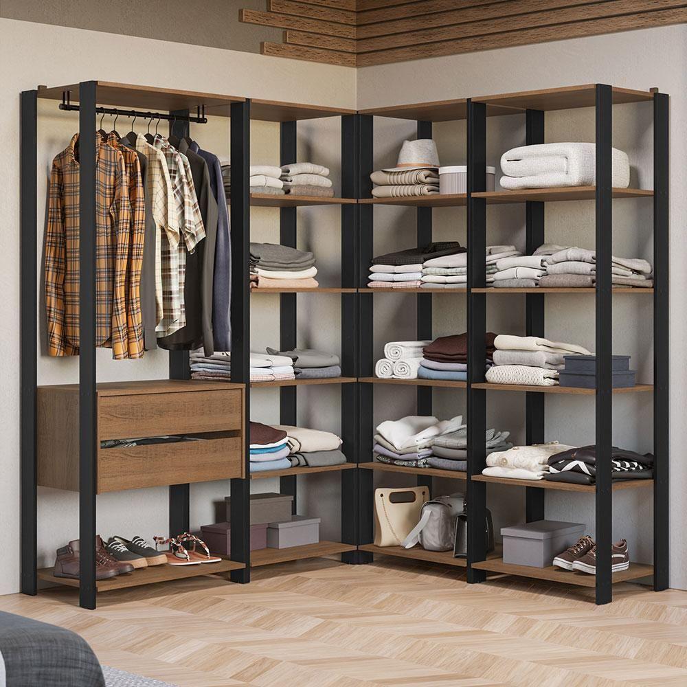 Guarda-roupa Closet Modulado Valencia 2 Gavetas 337cm Rustic/preto Madesa 05 Rustic/preto - 1