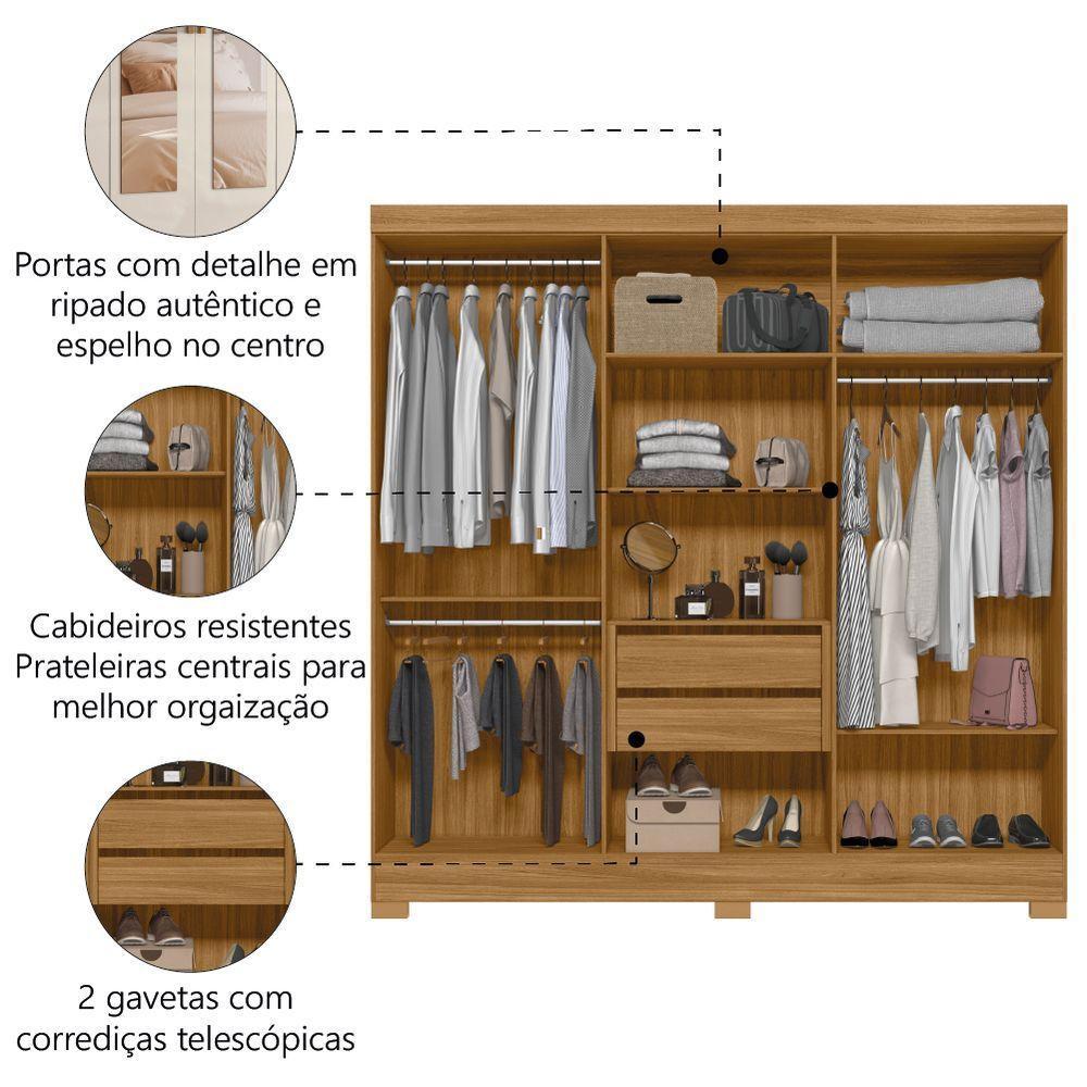 Guarda Roupas Casal Ripado Com Espelho 6 Portas 2 Gavetas Freijó/off White Valença Moval Freijo Off - 4