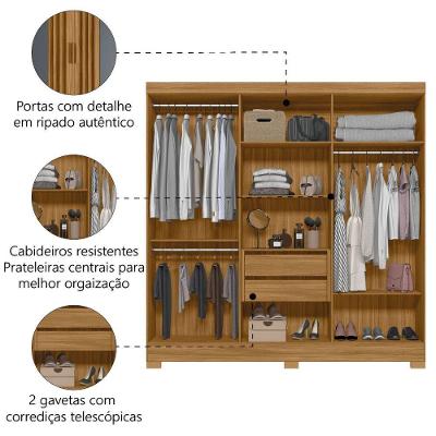 Guarda Roupa Casal Valença Ripado 6 Portas de Bater 2 Gavetas Freijó-Cinza