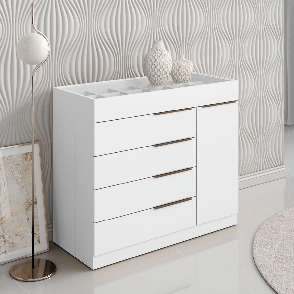 Cômoda 5 Gavetas Com Porta Joias Organizador Tampo De Vidro Sevilha Aramóveis Branco - 5